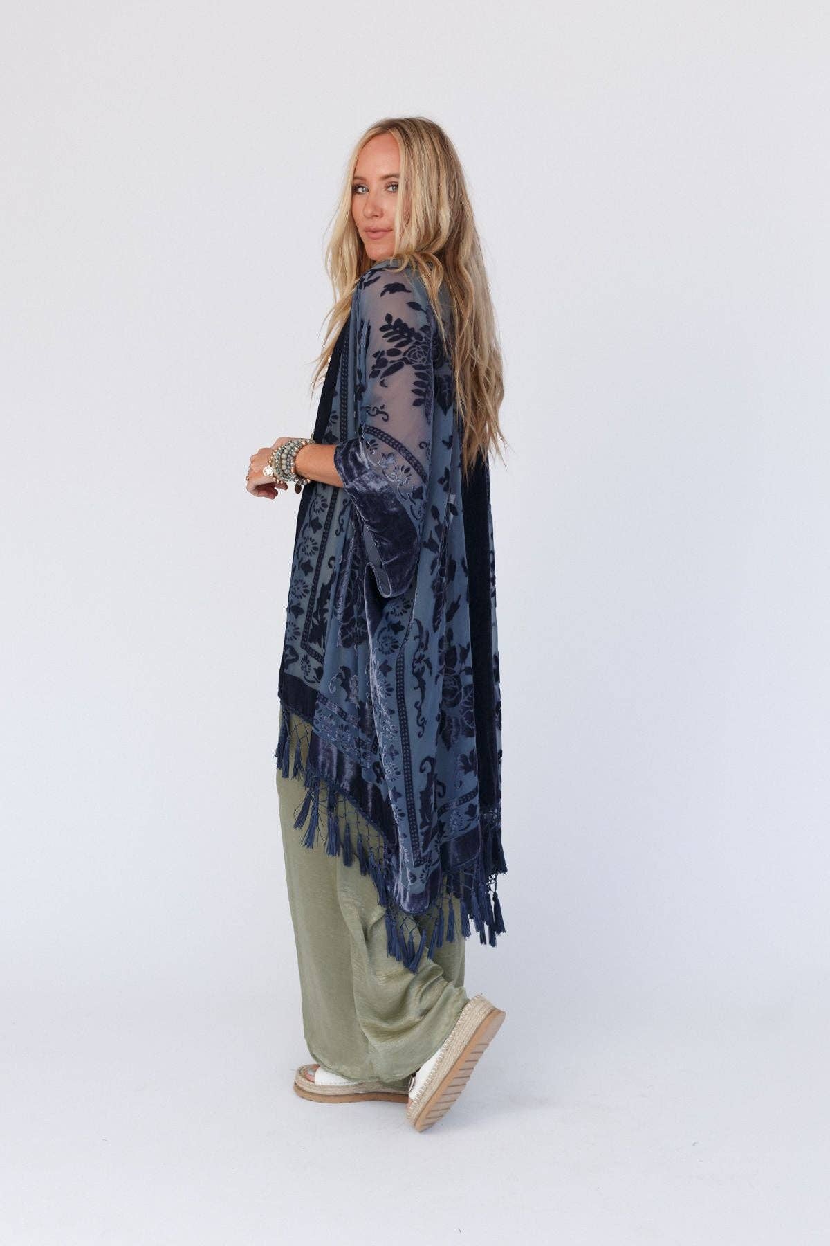 Winter Favorite: Crushin' On You Velvet Kimono - Navy Blue: OS