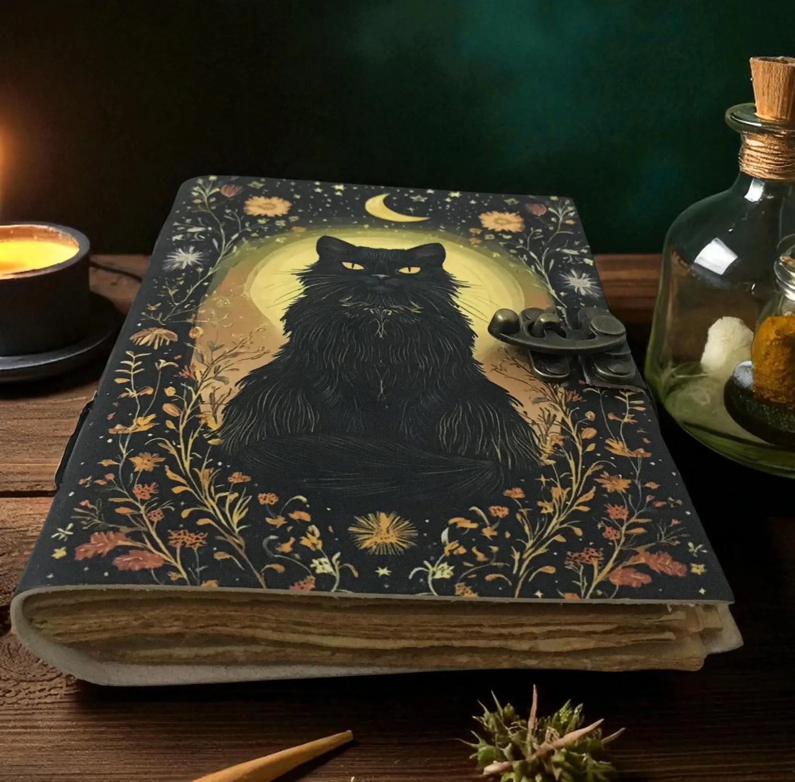 Cat journal Vintage Handmade leather Journal Grimoire Fall