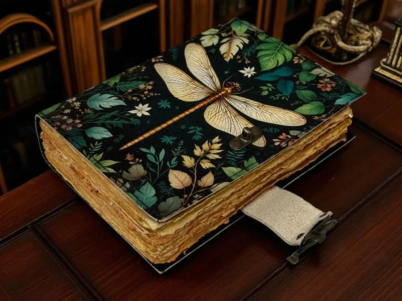 Dragonfly Leather Journal with Lock Handmade Vintage Grimoir