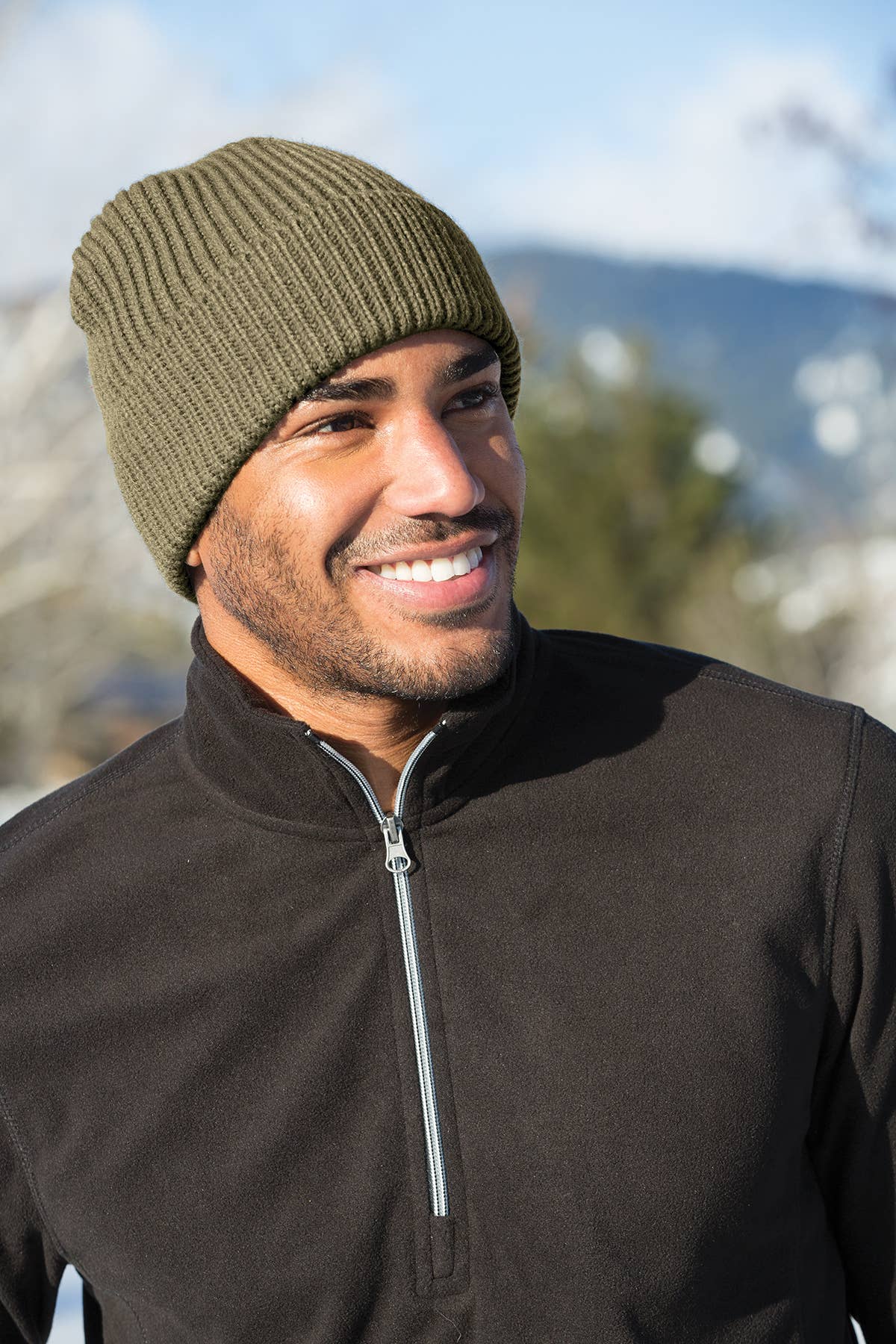 Custom Heavyweight Patch Chunky Beanie, Knit Cap: Deep Black / Rawhide / Rectangle