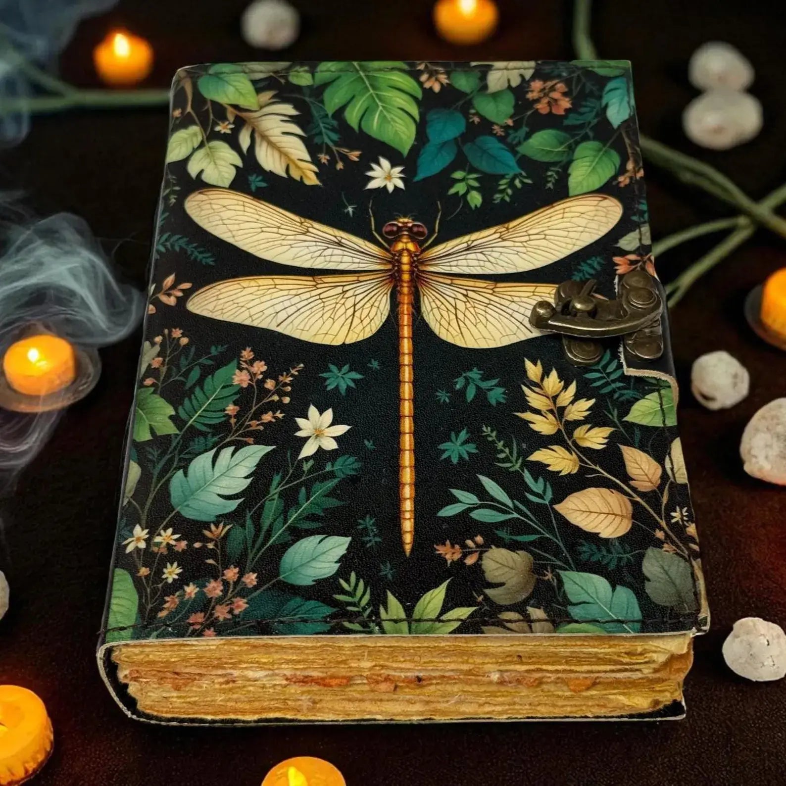 Dragonfly Leather Journal with Lock Handmade Vintage Grimoir