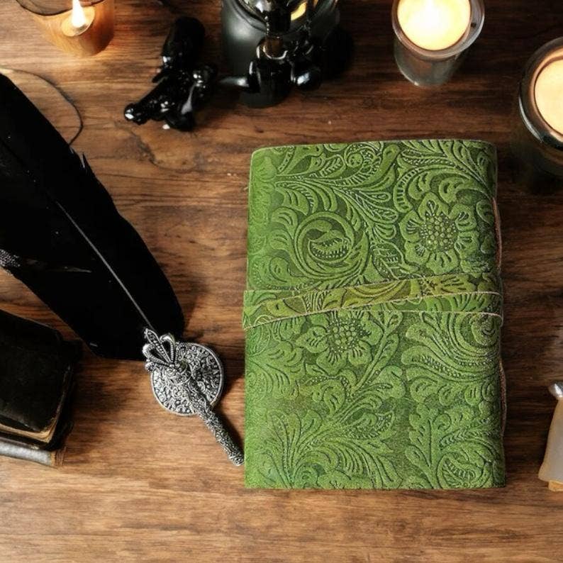 Green Floral journal Leather grimoire Handmade Leather Bound