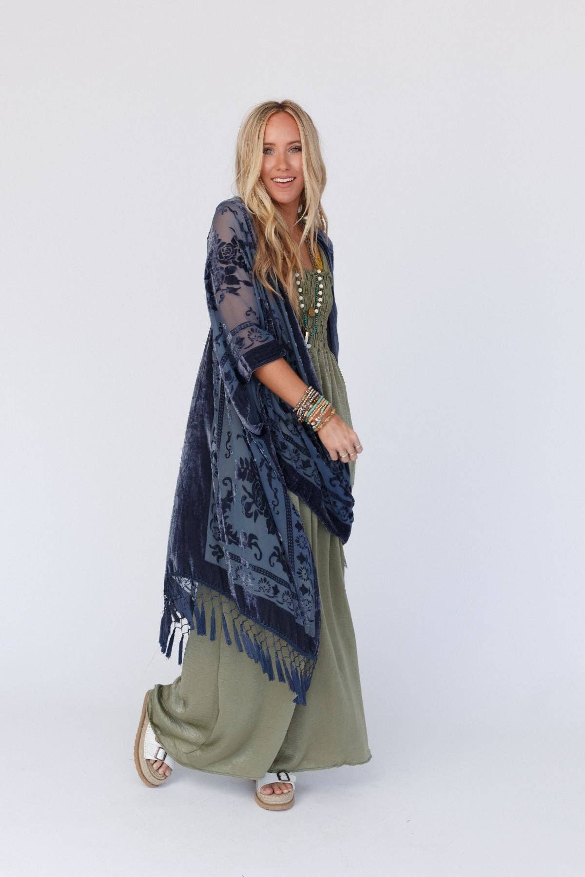 Winter Favorite: Crushin' On You Velvet Kimono - Navy Blue: OS