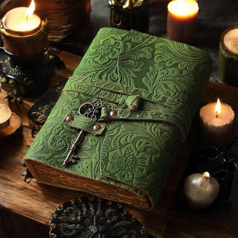 Green Floral journal Leather grimoire Handmade Leather Bound