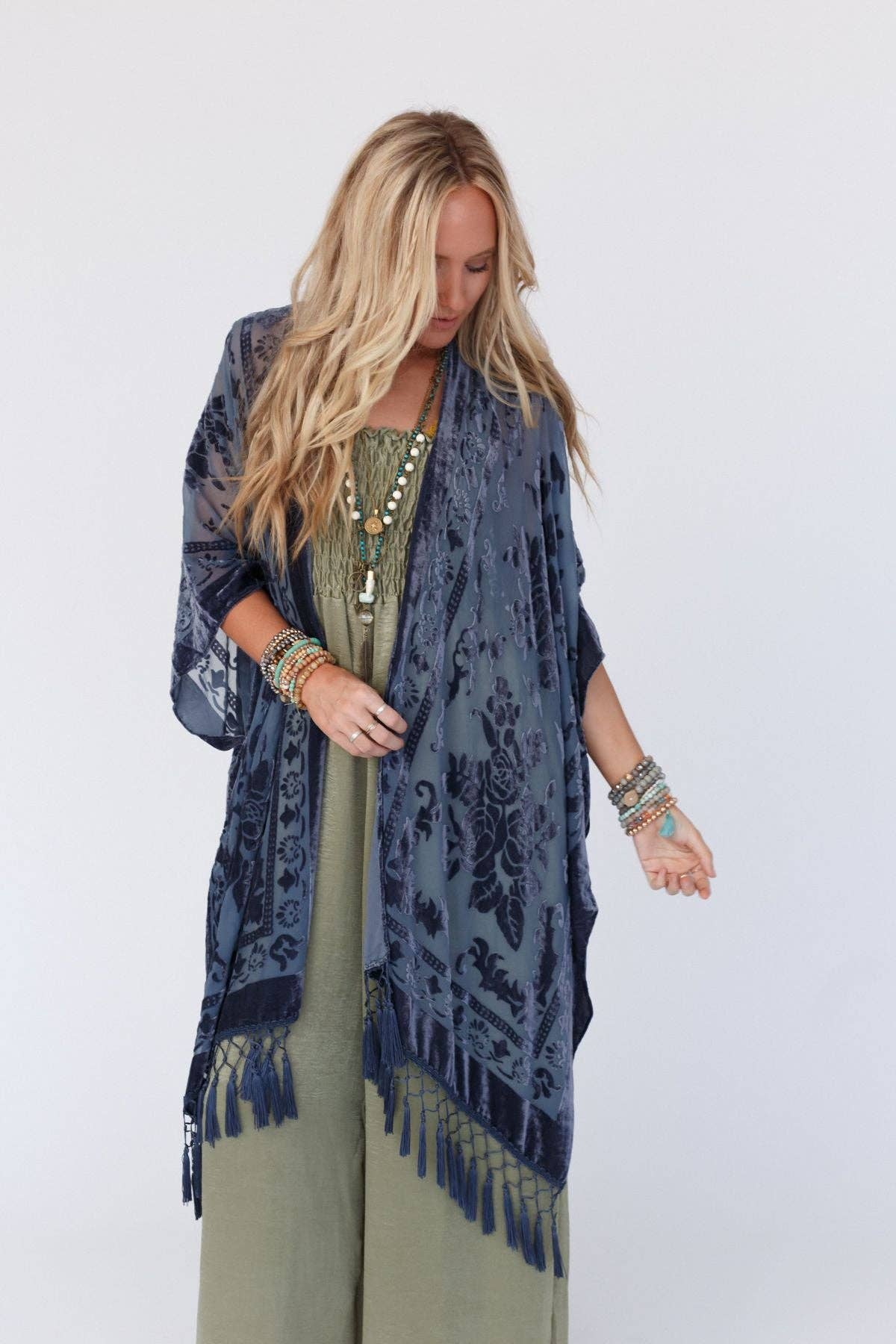 Winter Favorite: Crushin' On You Velvet Kimono - Navy Blue: OS