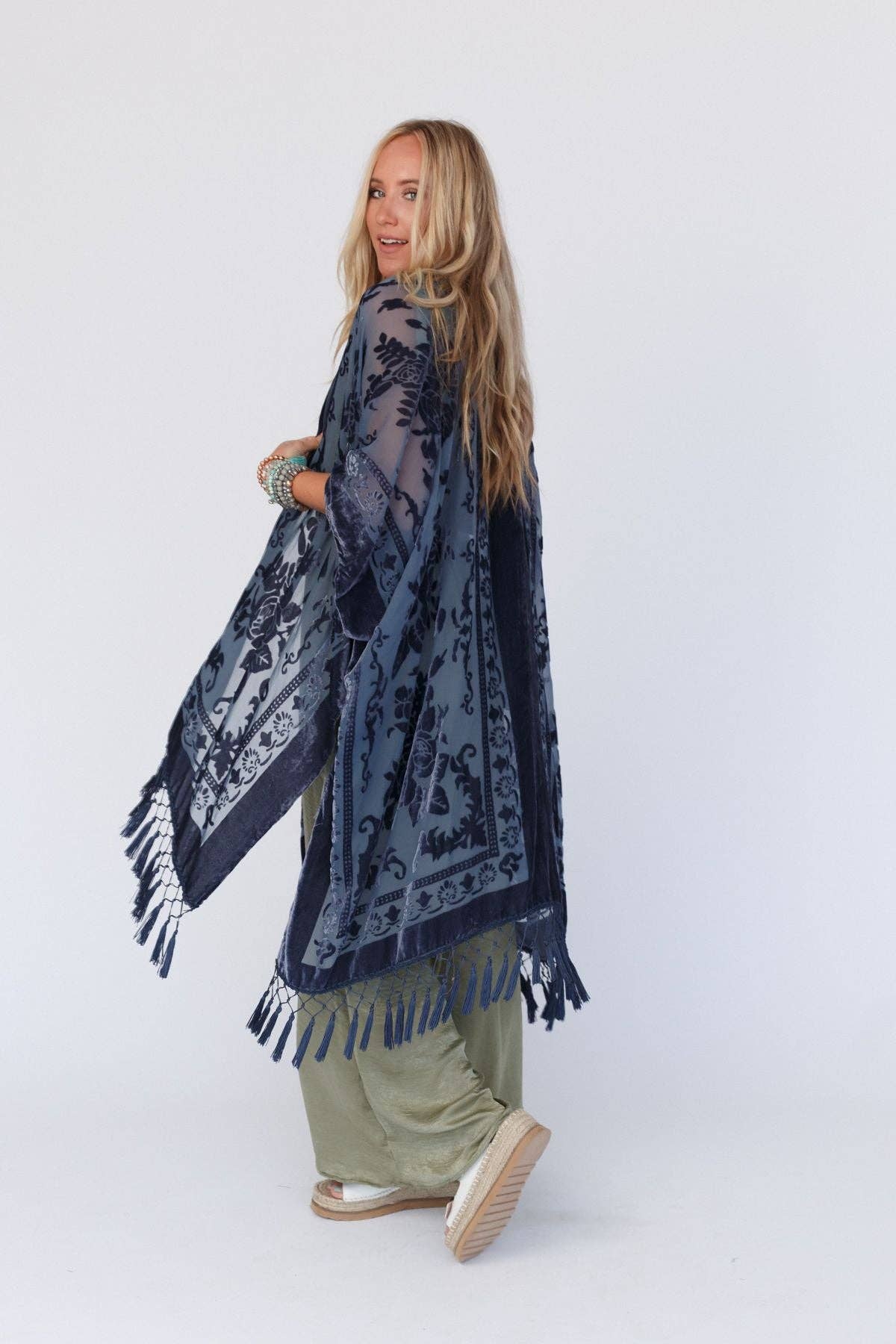 Winter Favorite: Crushin' On You Velvet Kimono - Navy Blue: OS