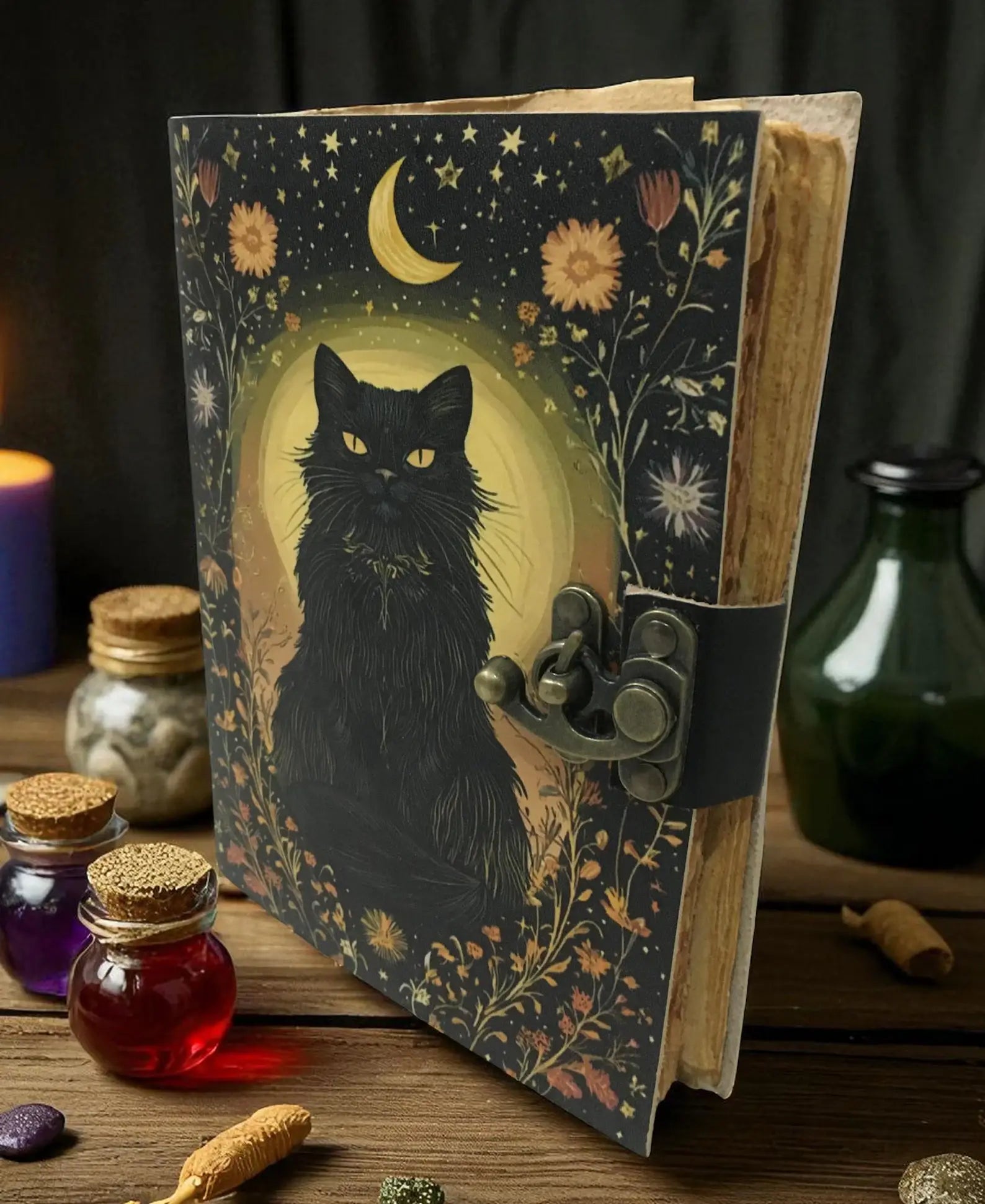 Cat journal Vintage Handmade leather Journal Grimoire Fall
