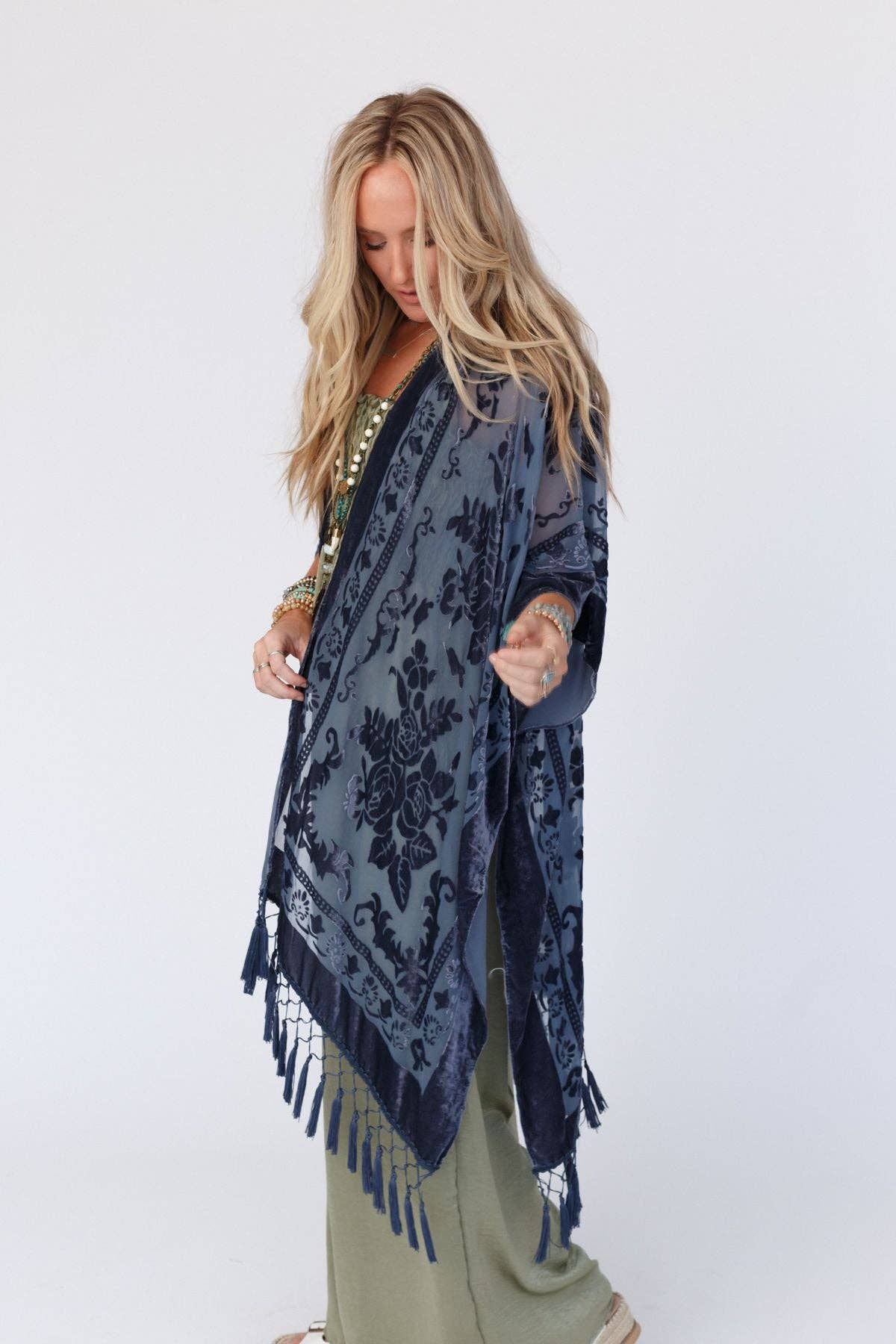 Winter Favorite: Crushin' On You Velvet Kimono - Navy Blue: OS