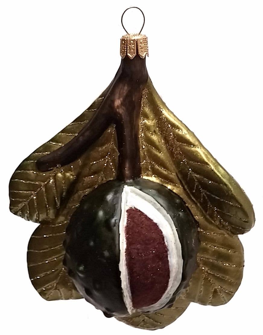 Chestnut on Leaf Polish Mouth Blown Glass Christmas Ornament