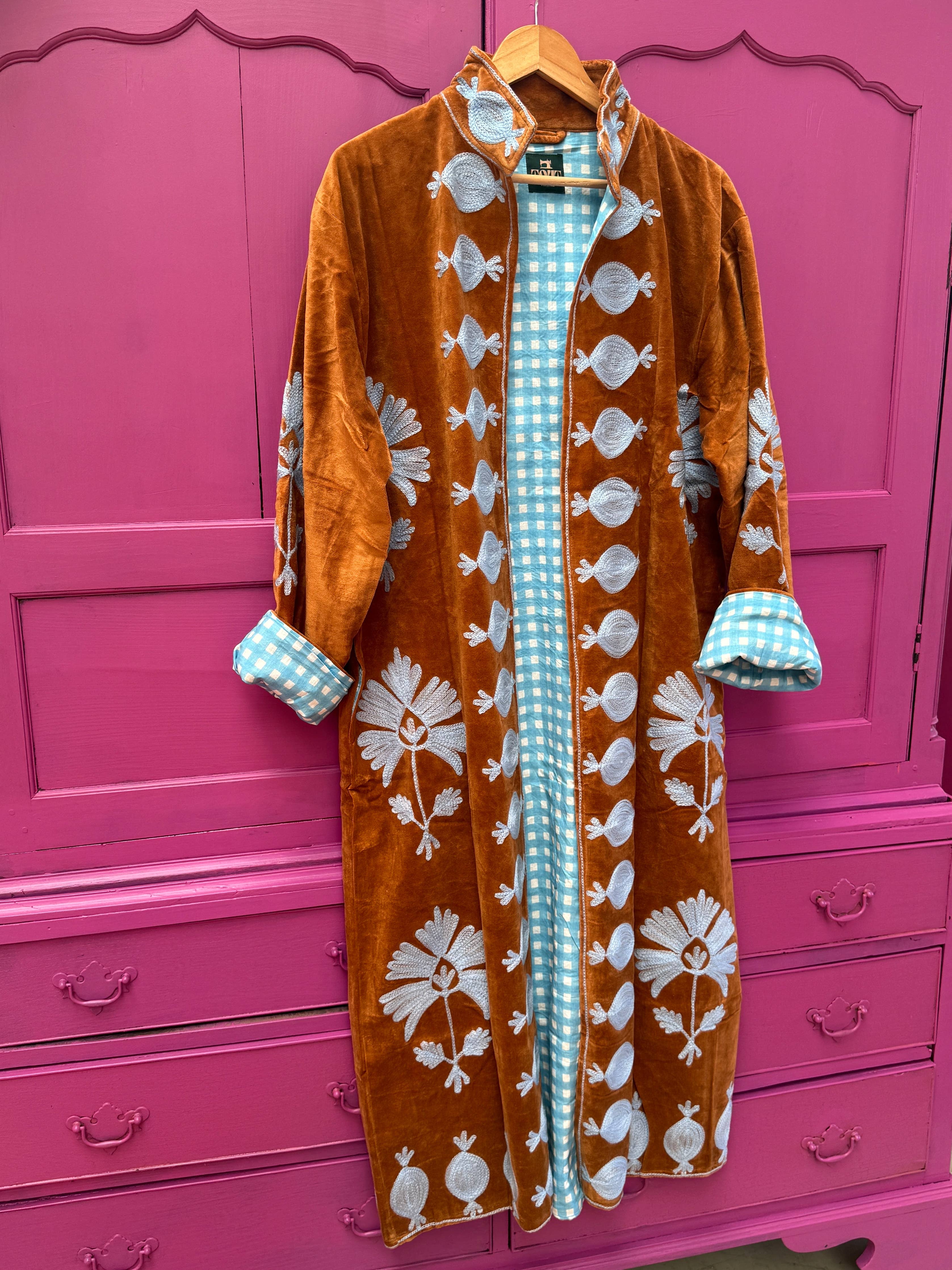 Long Velvet Embroidery Coat Brown Light Blue