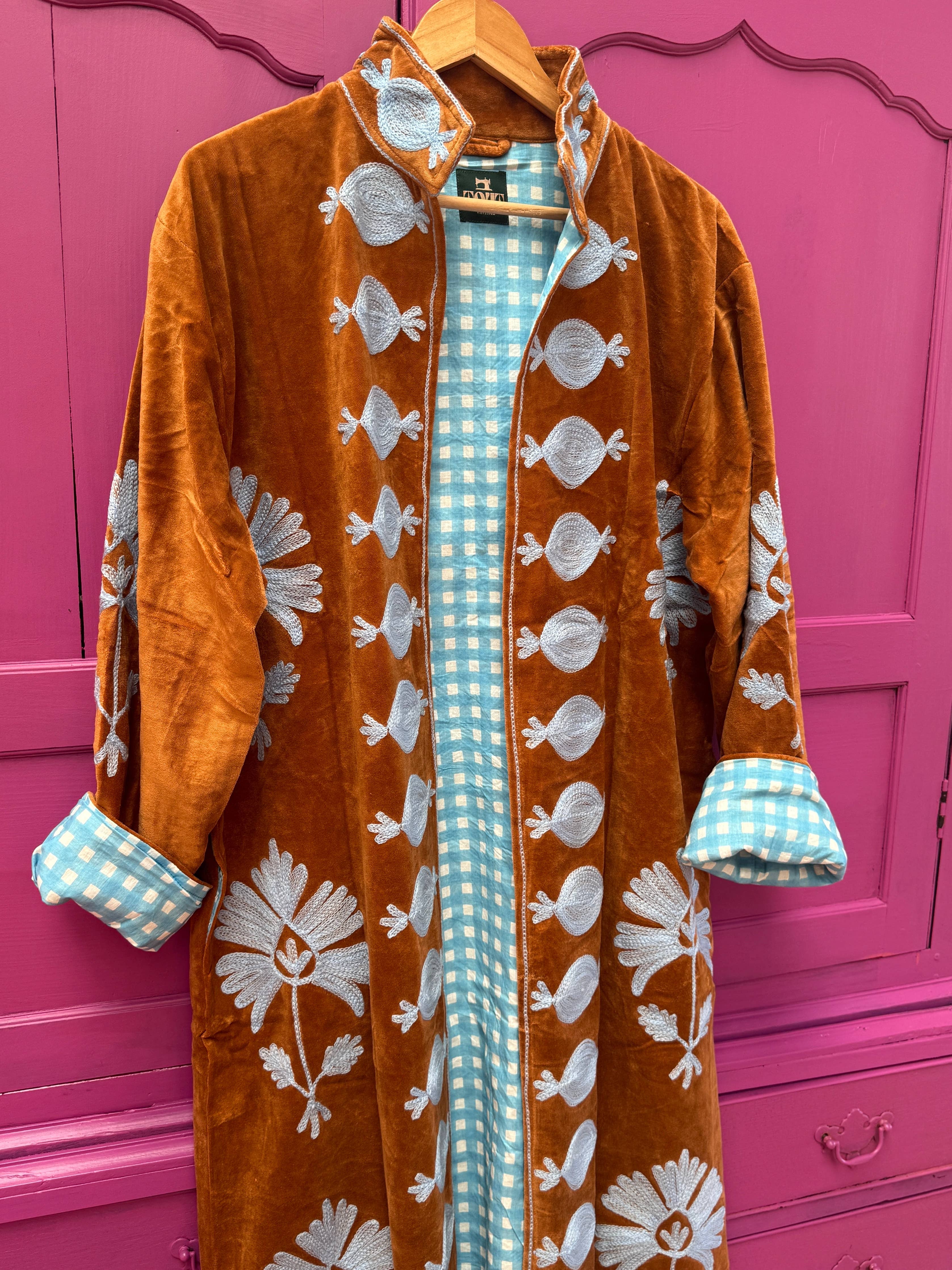Long Velvet Embroidery Coat Brown Light Blue