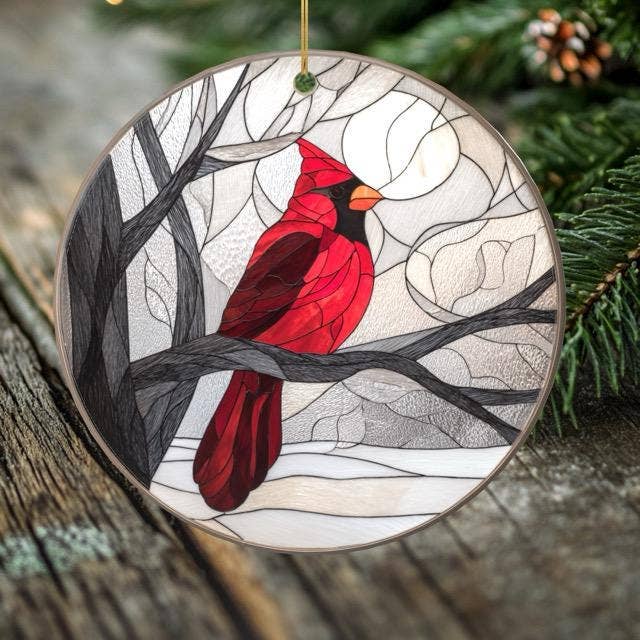 Cardinal Christmas Ornament – Porcelain Stained Glass Look – Double Sided – Sold Individually or as Set of 7: Cardinal Ornament #1