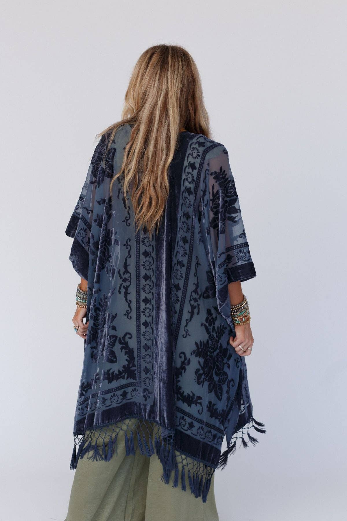 Winter Favorite: Crushin' On You Velvet Kimono - Navy Blue: OS