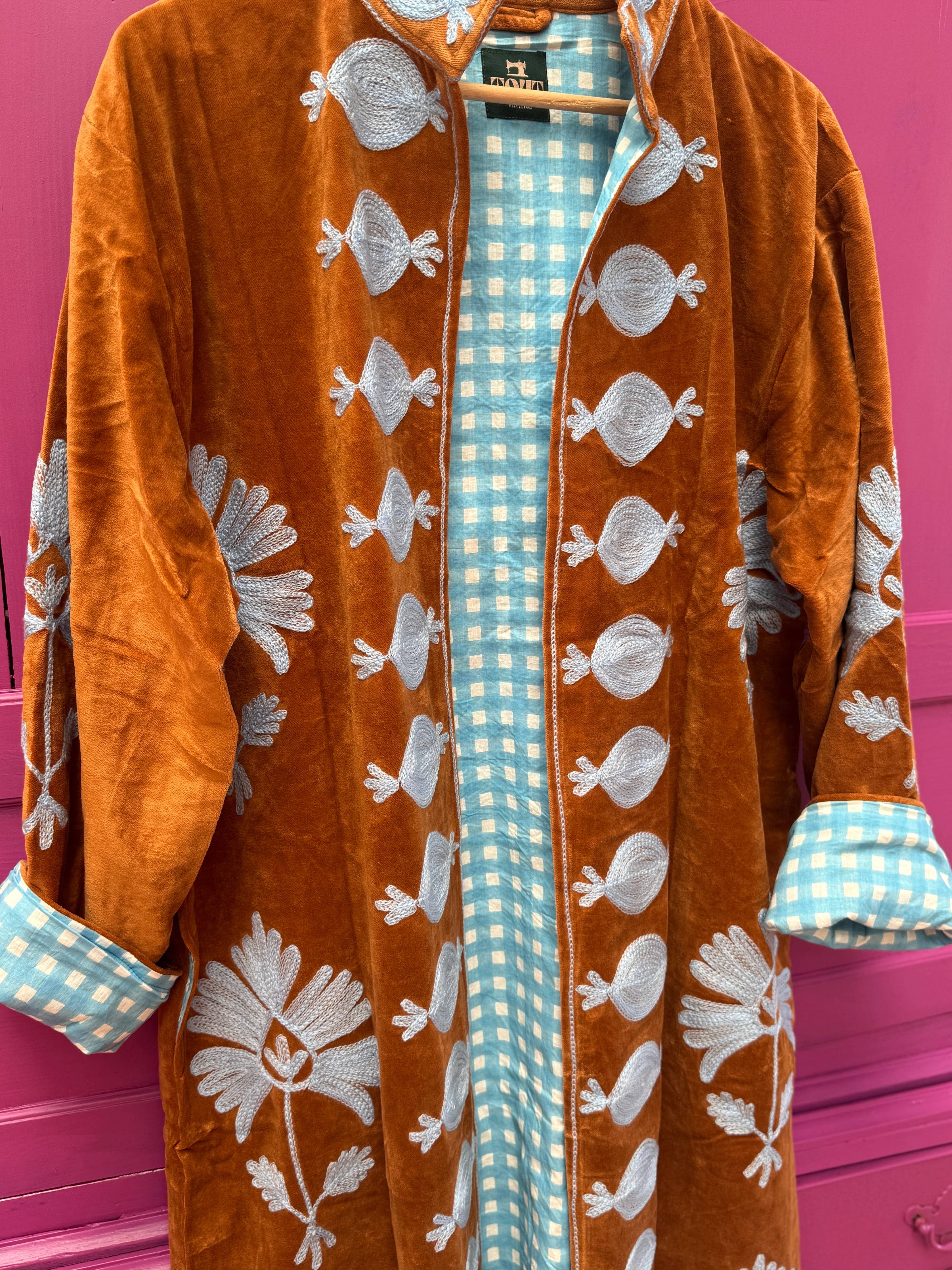 Long Velvet Embroidery Coat Brown Light Blue
