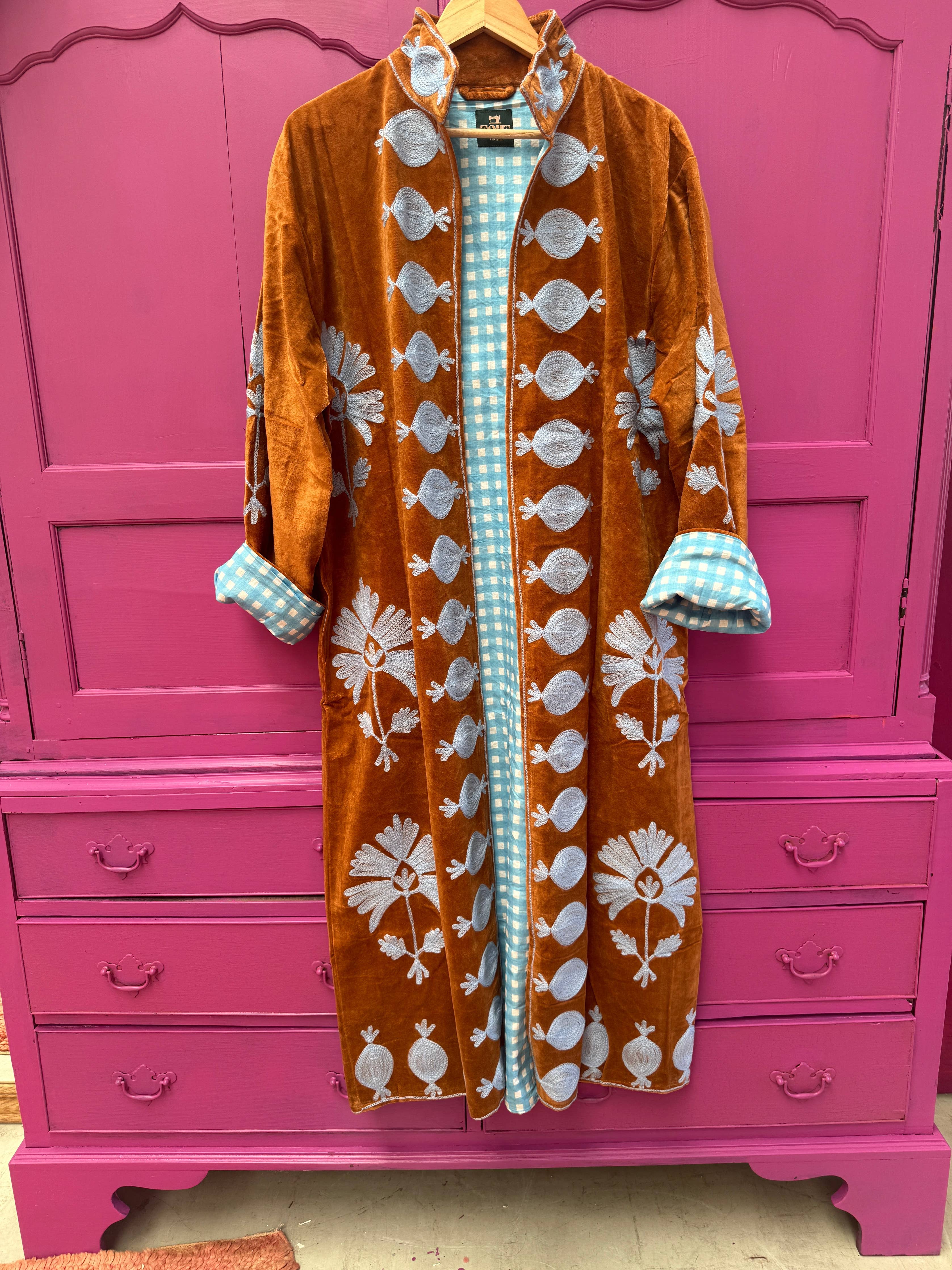 Long Velvet Embroidery Coat Brown Light Blue