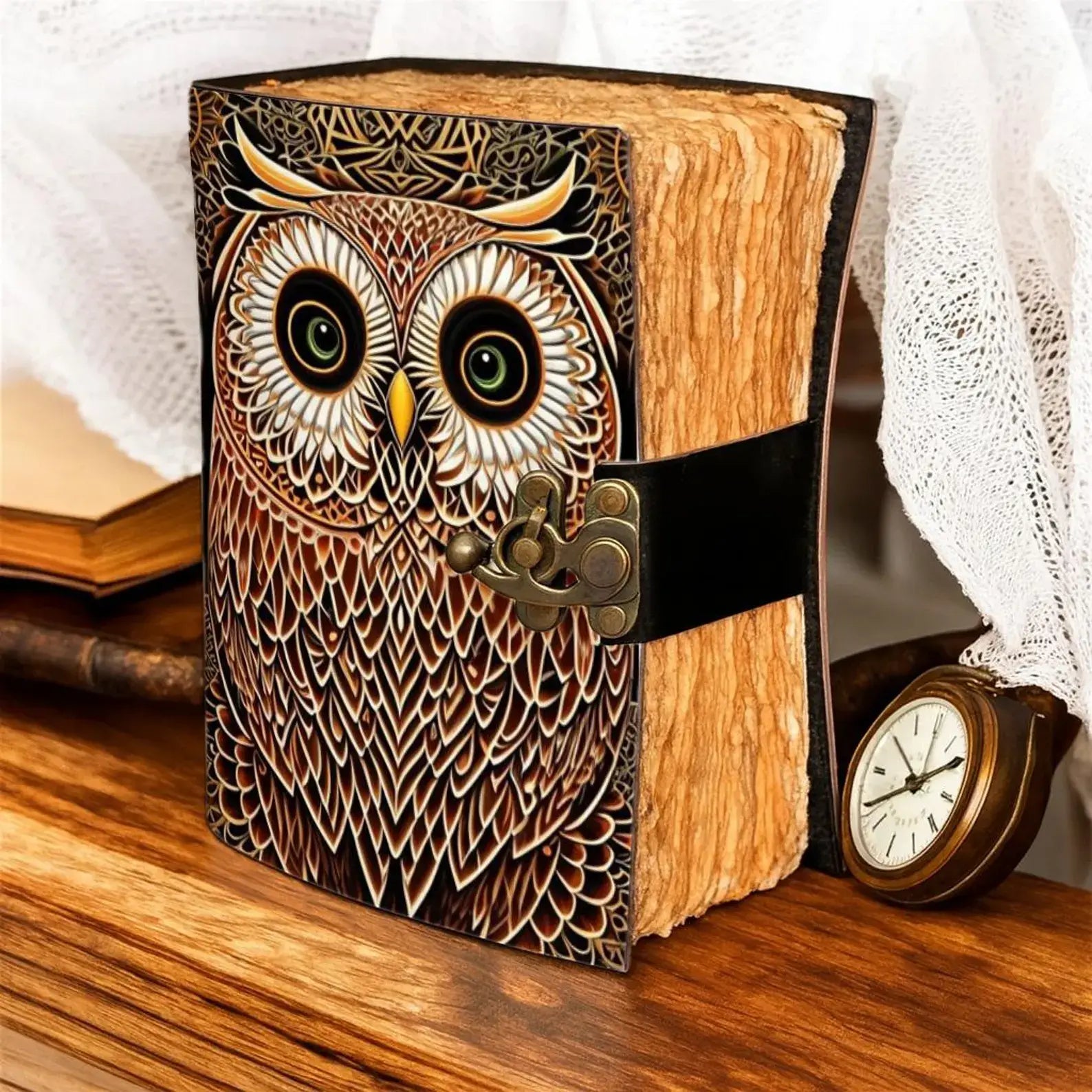 Owl Leather Journal with Moon Design Handmade Grimoire