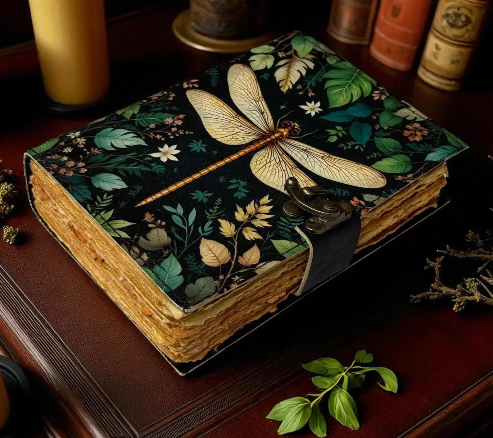 Dragonfly Leather Journal with Lock Handmade Vintage Grimoir