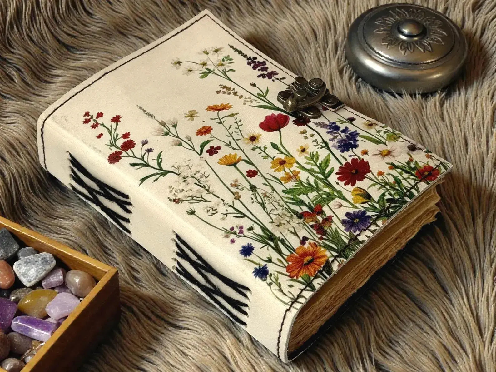 Handmade Leather Grimoire Book– Spring Flower Journal