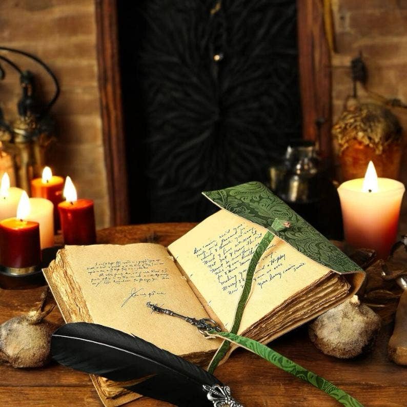 Green Floral journal Leather grimoire Handmade Leather Bound