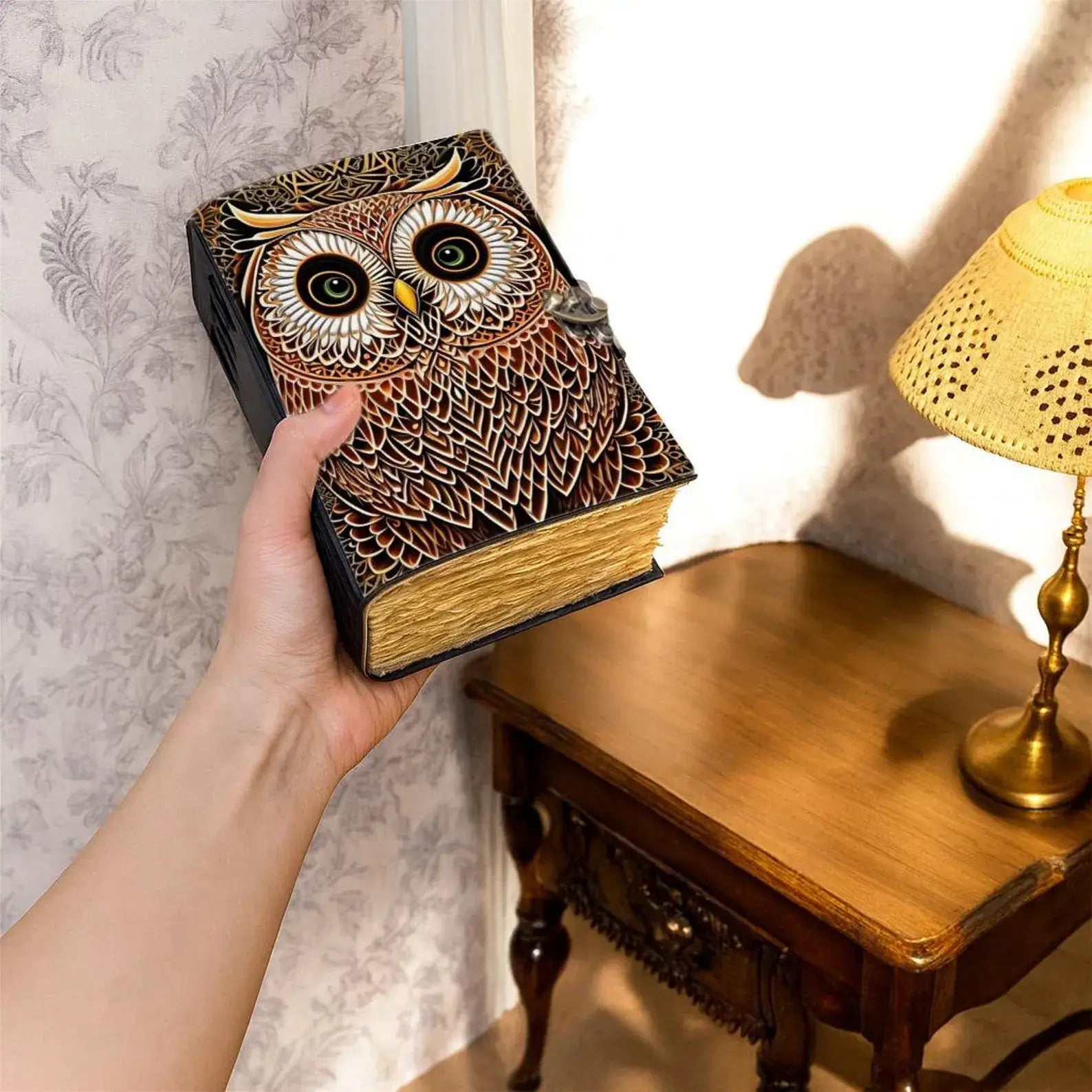 Owl Leather Journal with Moon Design Handmade Grimoire