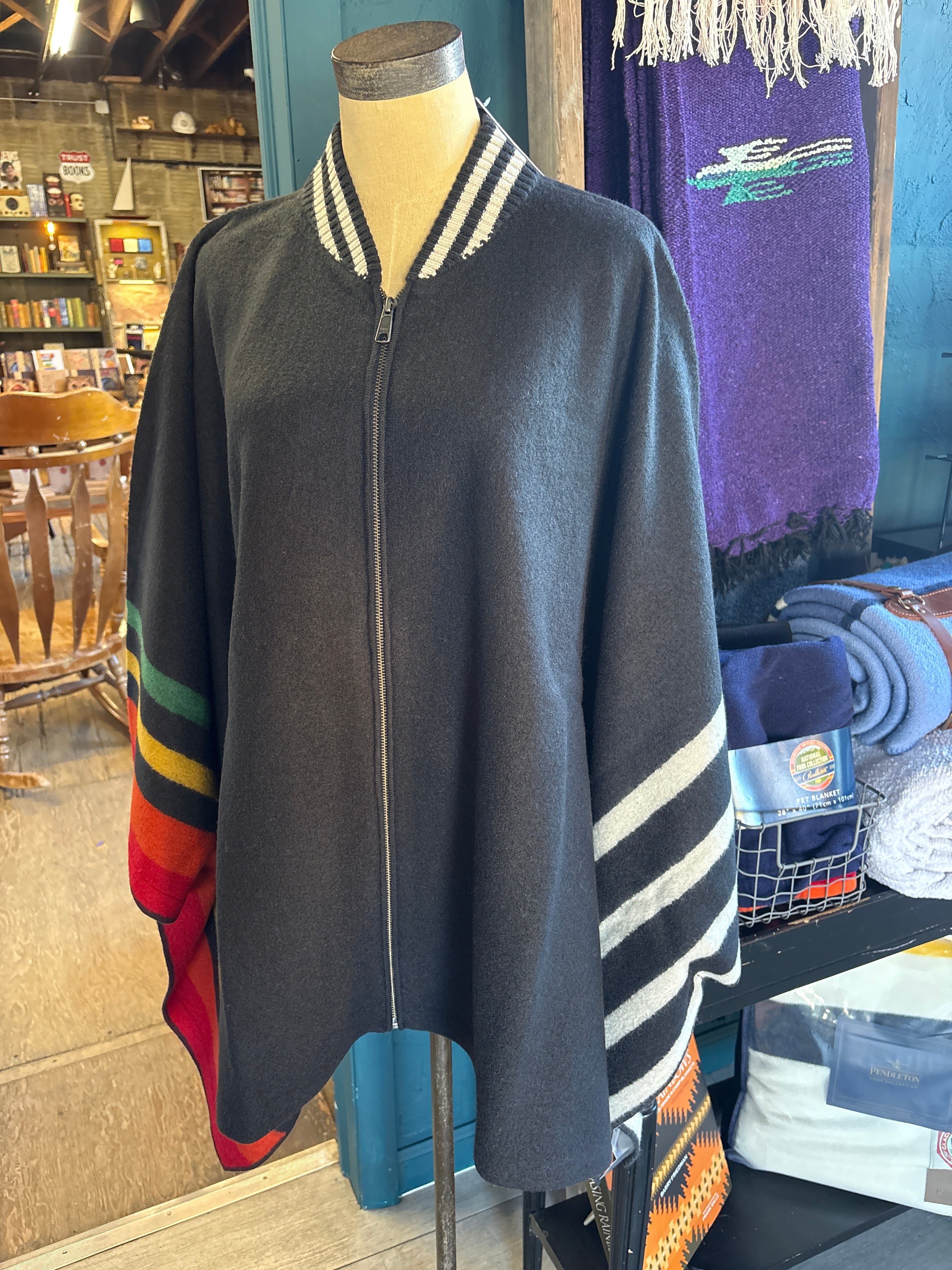 Pendleton Merino Sweater Cape in Charcoal Multi Stripe