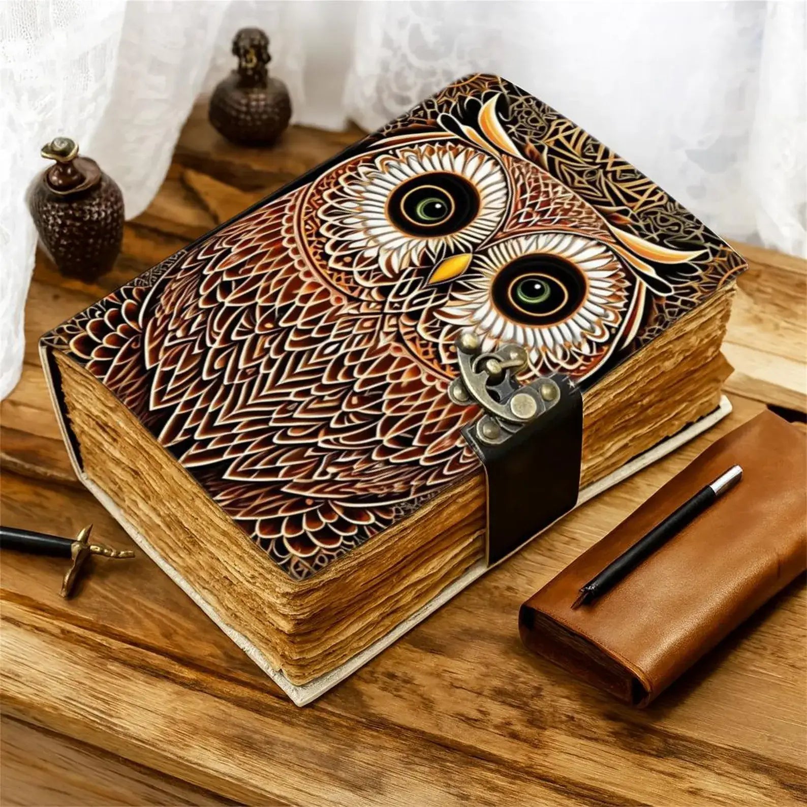 Owl Leather Journal with Moon Design Handmade Grimoire