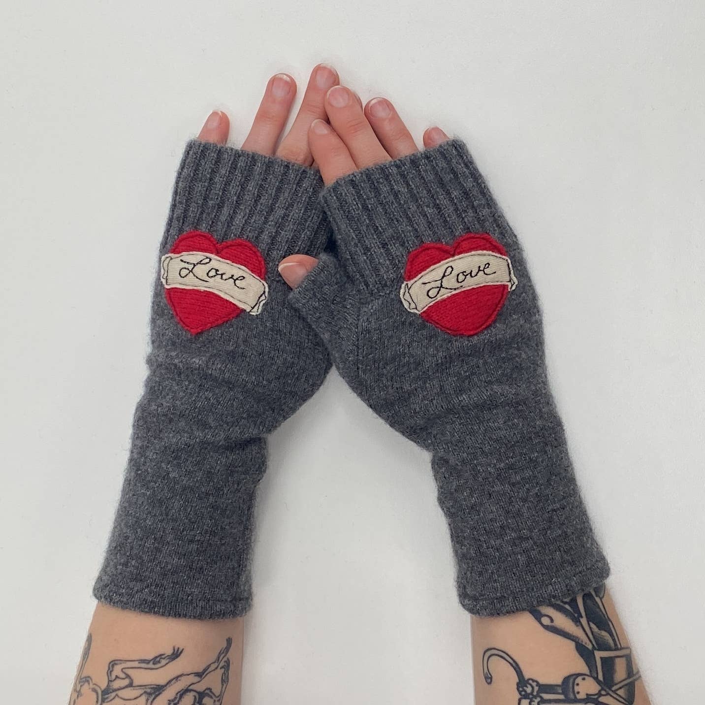 Fingerless Cashmere Gloves-Tattoo Heart Love: Red on Beige / One Size Fits Most