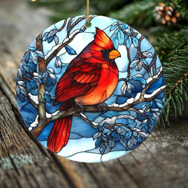 Cardinal Christmas Ornament – Porcelain Stained Glass Look – Double Sided – Sold Individually or as Set of 7: Cardinal Ornament #3