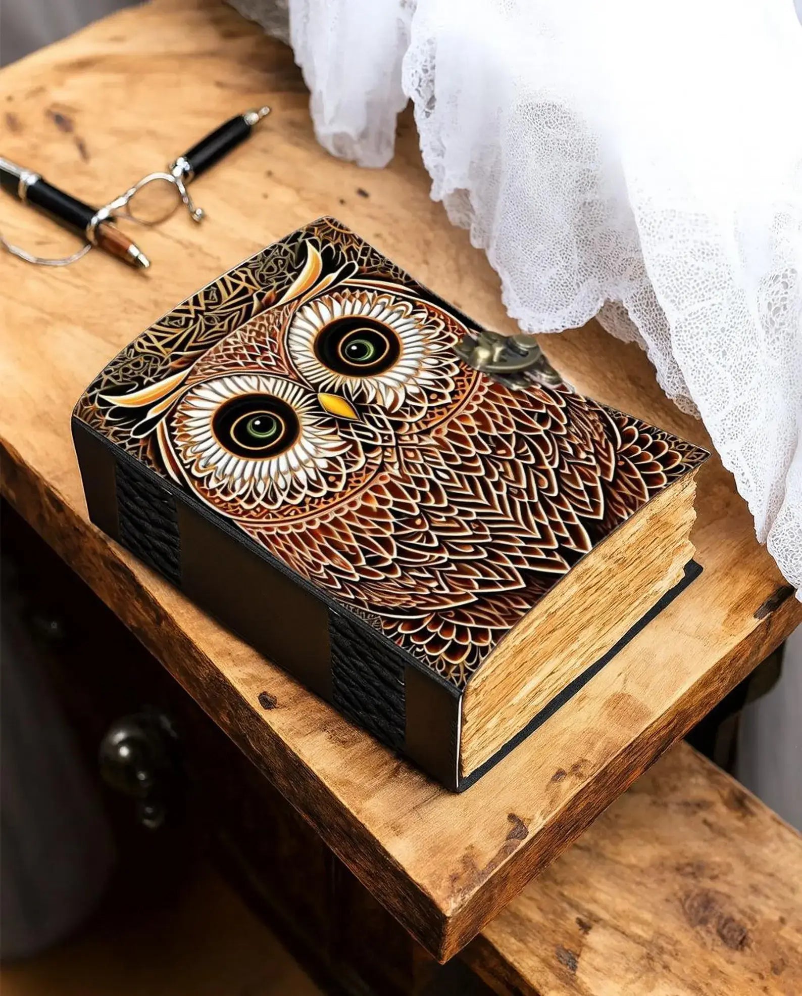 Owl Leather Journal with Moon Design Handmade Grimoire