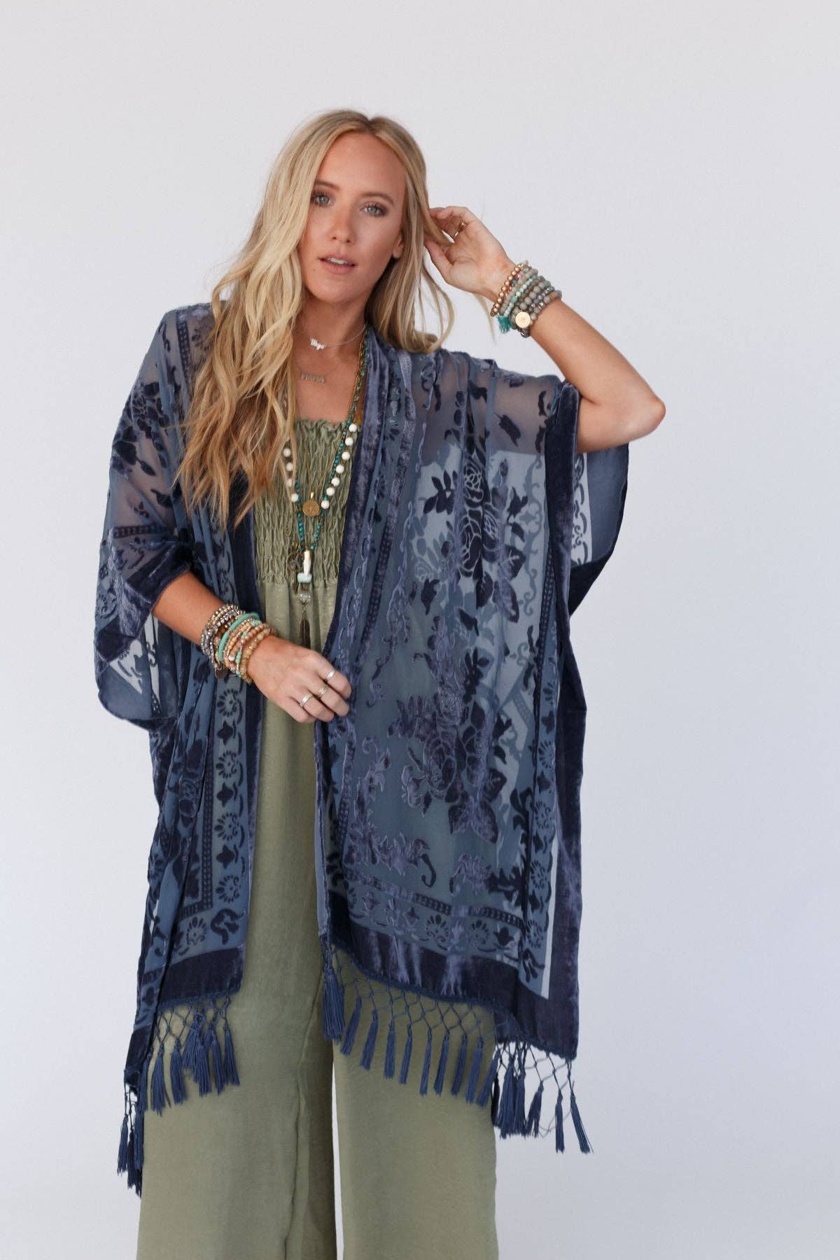Winter Favorite: Crushin' On You Velvet Kimono - Navy Blue: OS