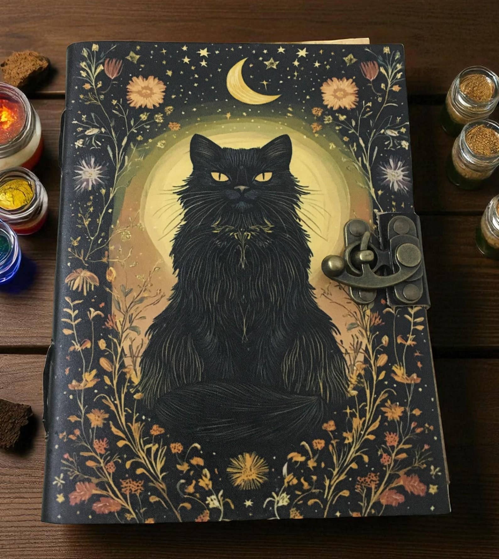 Cat journal Vintage Handmade leather Journal Grimoire Fall