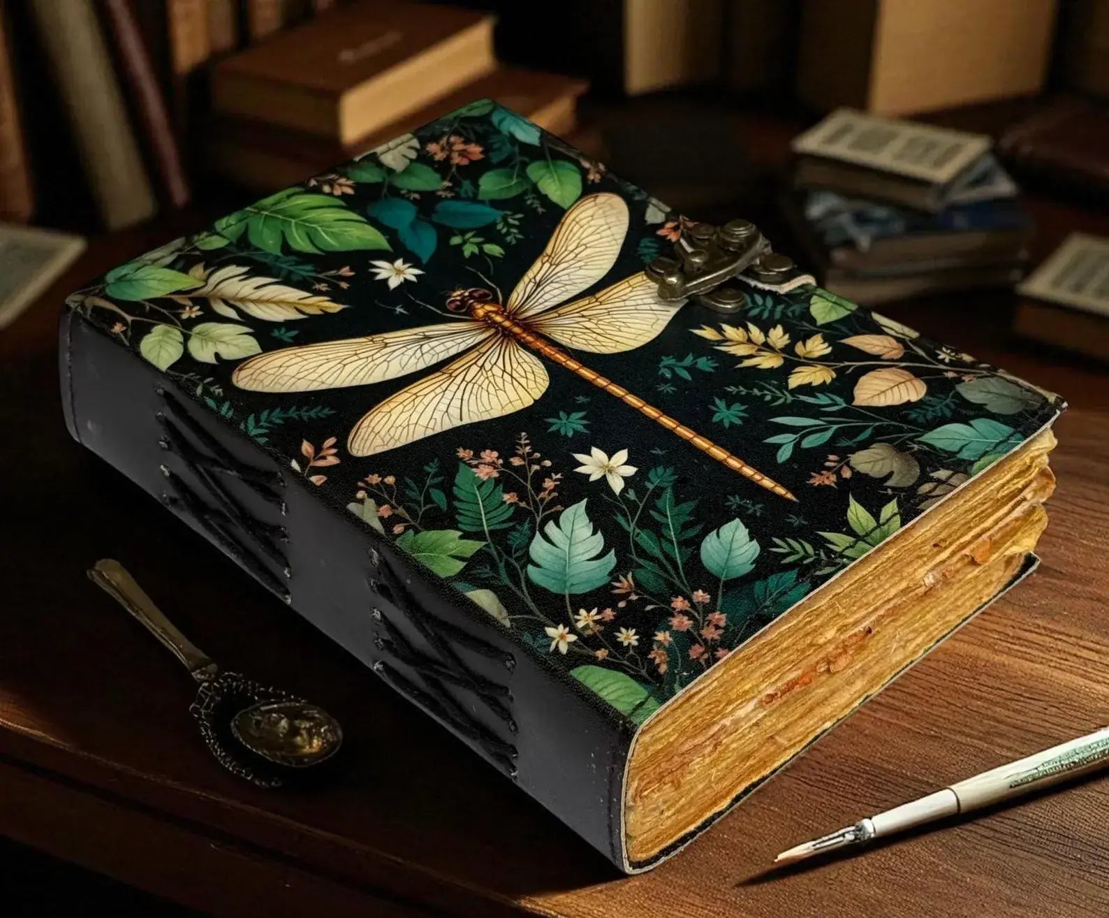 Dragonfly Leather Journal with Lock Handmade Vintage Grimoir