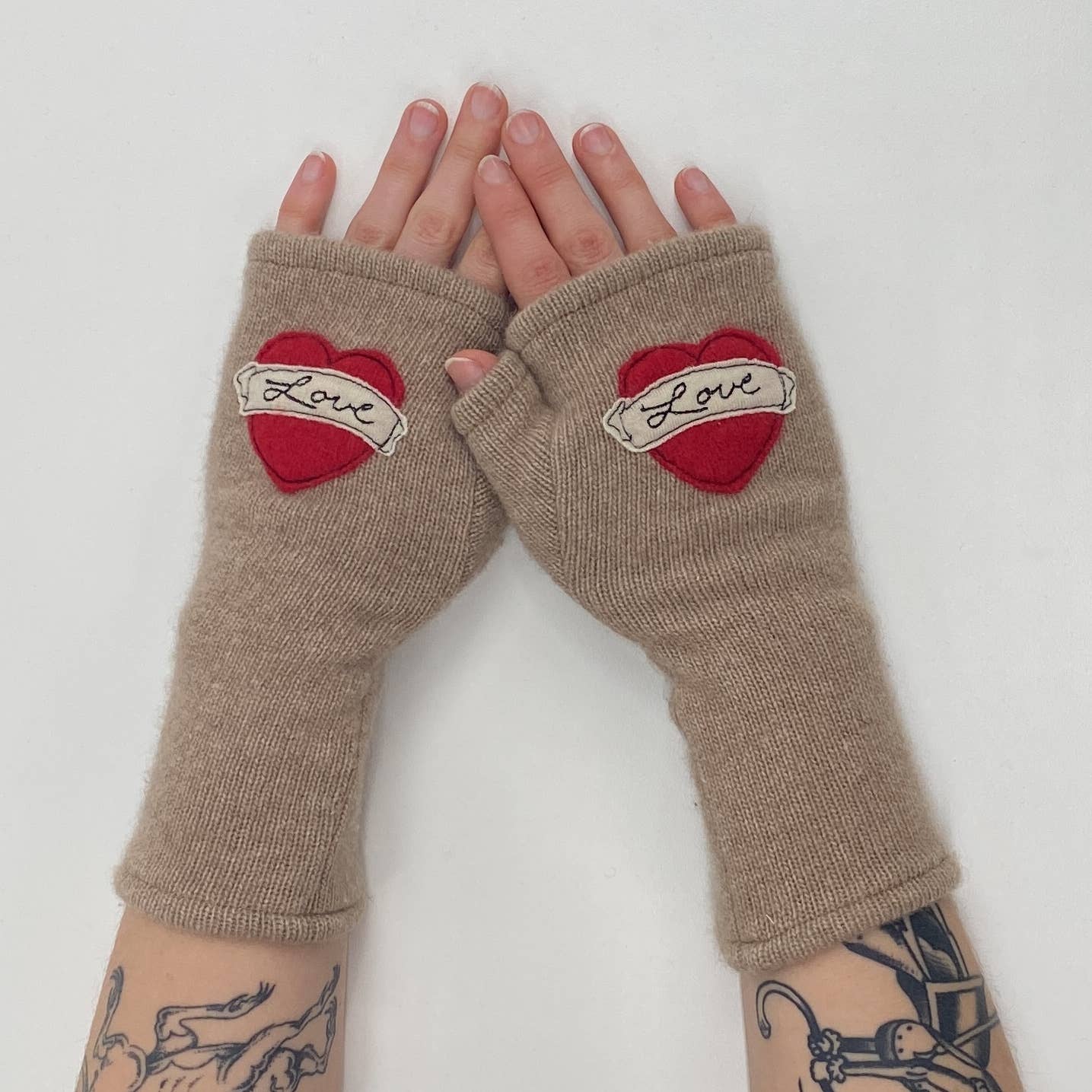 Fingerless Cashmere Gloves-Tattoo Heart Love: Red on Grey / One Size Fits Most