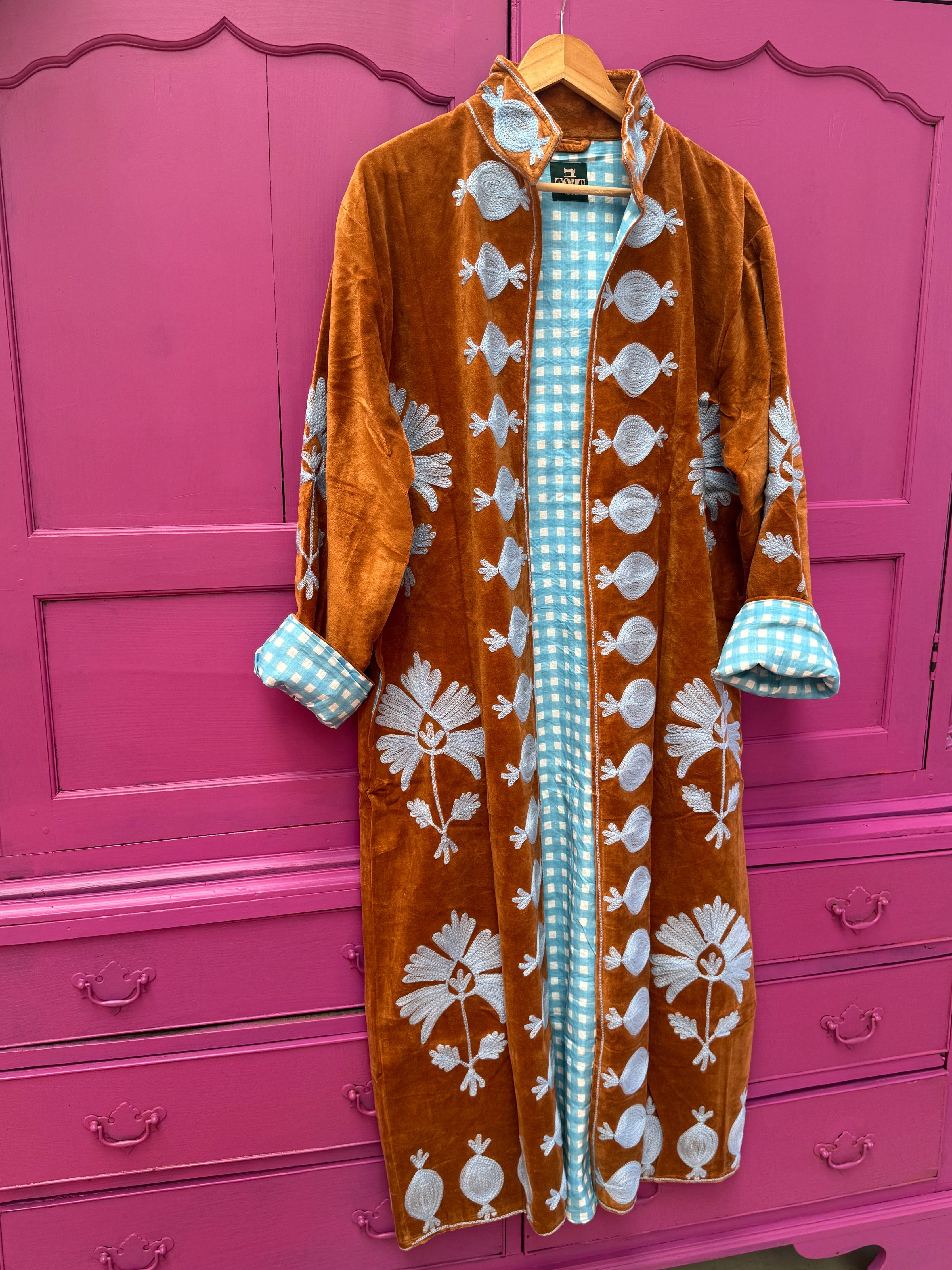Long Velvet Embroidery Coat Brown Light Blue