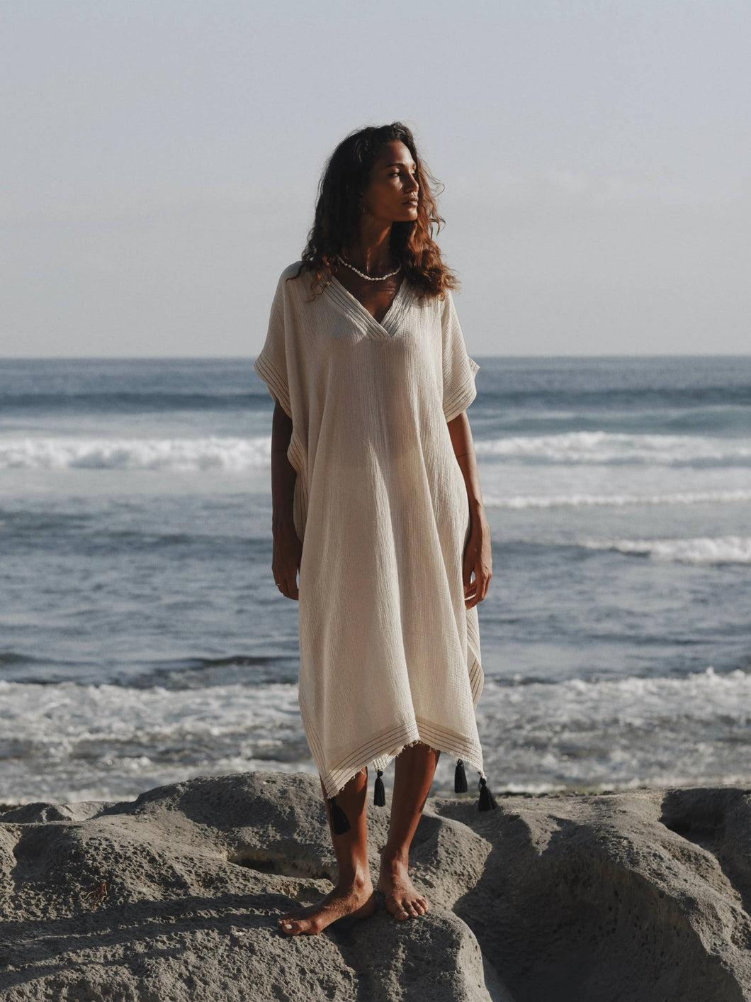Ela Kaftan - Natural | 100% Turkish Organic Cotton Resortwear Lightweight Summer Maxi Kaftan with Tassels Kimono Natural Boho Loosefit Oversize Sundress One Size : White