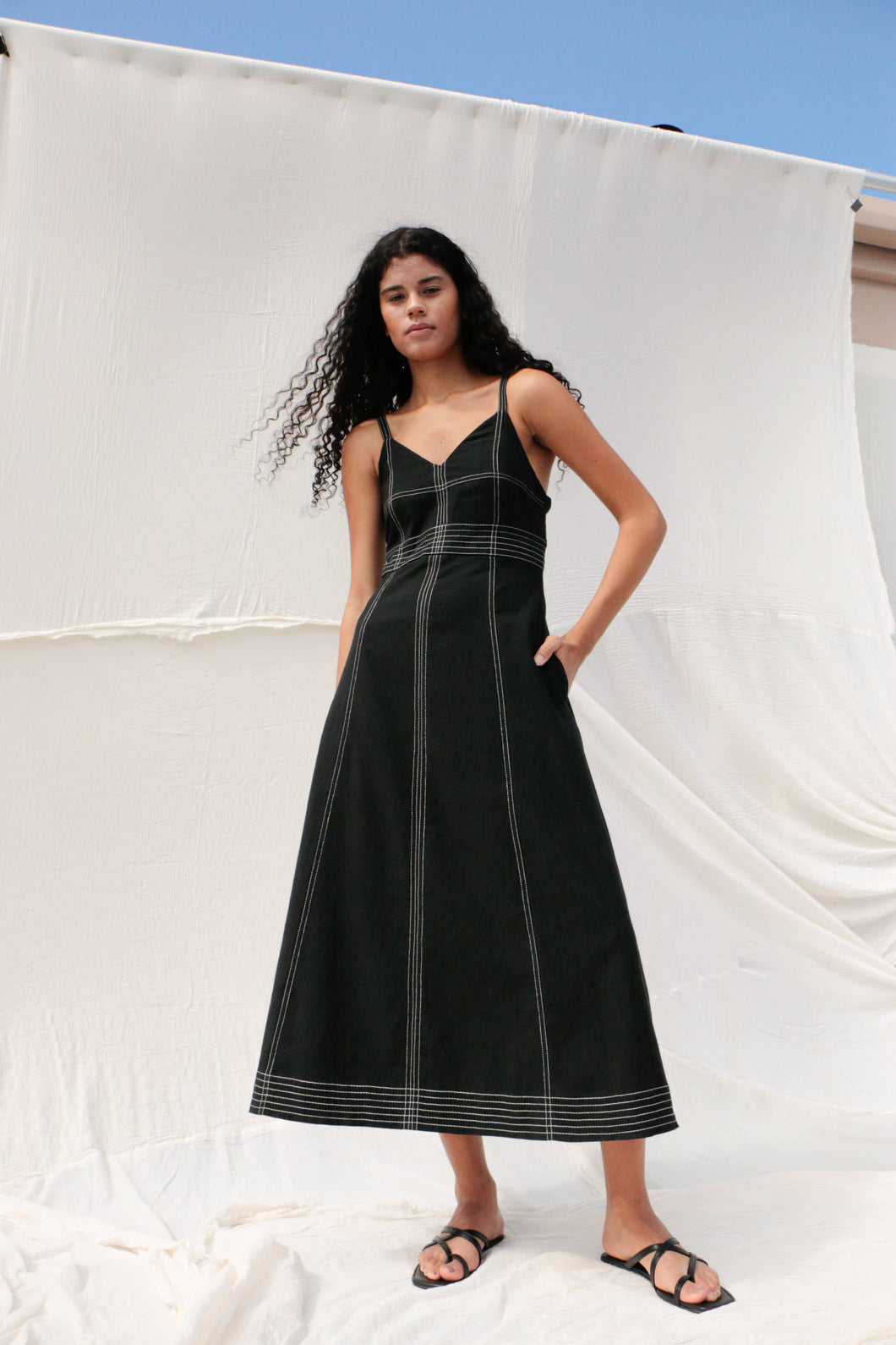 Eva Maxi Dress - Black | 100% Turkish Cotton Summer Maxi Dress with Pockets Stitch Deatils and Adjustable Straps Long Casual Dress Natural One Size: Medium/Large