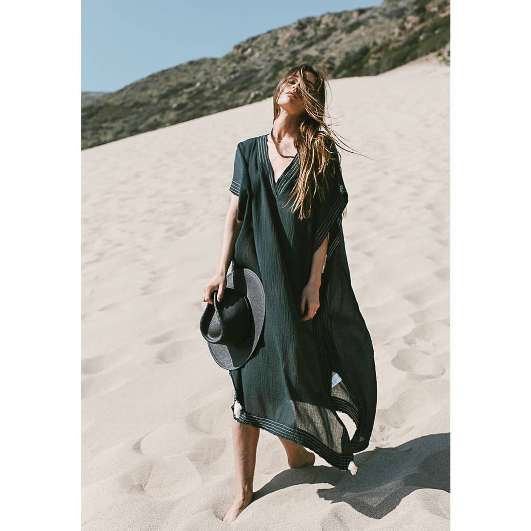 Ela Kaftan - Black | 100% Turkish Organic Cotton Resortwear Lightweight Summer Maxi Kaftan with Tassels Kimono Natural Boho Loosefit Oversize Sundress One Size : Black