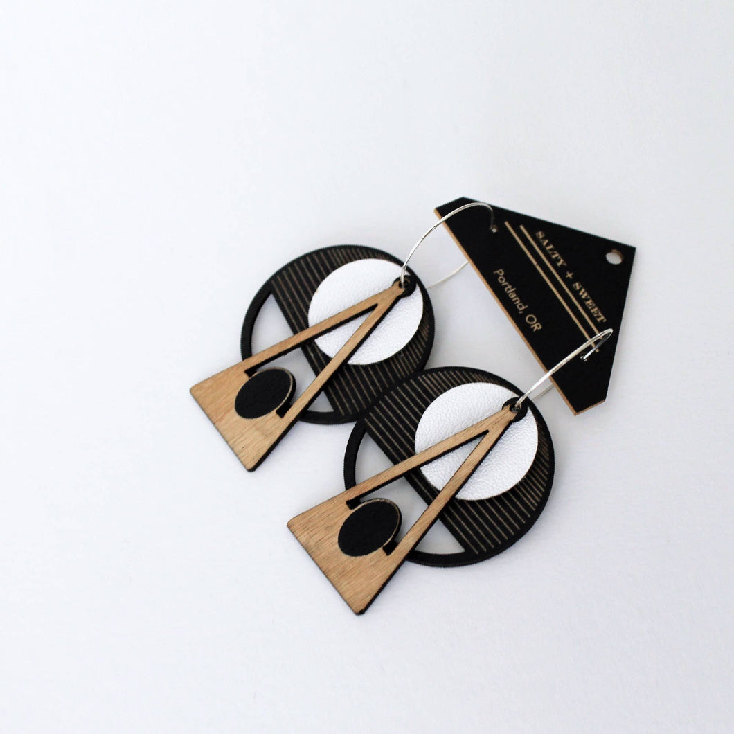 Architectural Lightweight Leather + Birch earring: Deco BLK