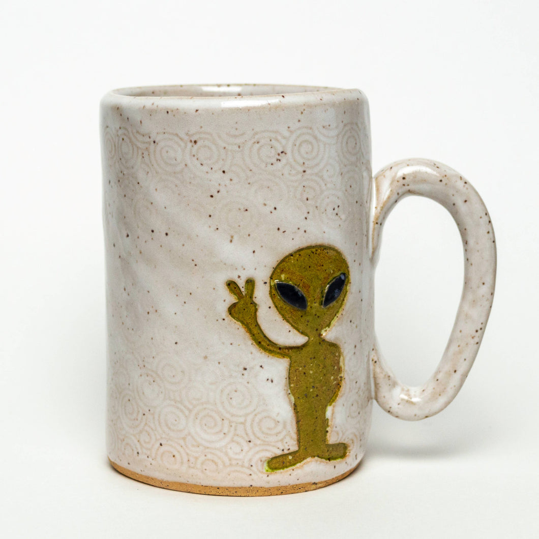 Alien Design Handmade, in Ohio, Ceramic 16oz Mug: White/Green Alien