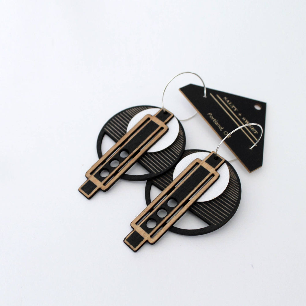 Architectural Lightweight Leather+Birch earring: Wright BLK