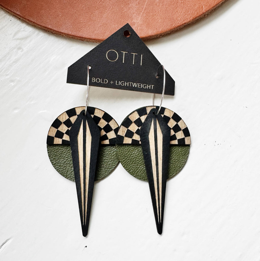 Architectural Leather + Birch earring: GEO Checkerboard: Green