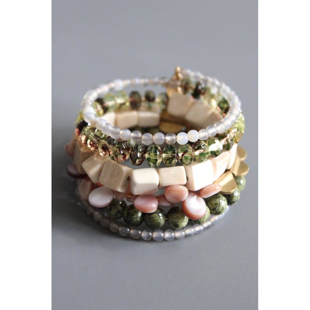 ATHB02 Athena agate, jasper, pearls, and glass bracelet