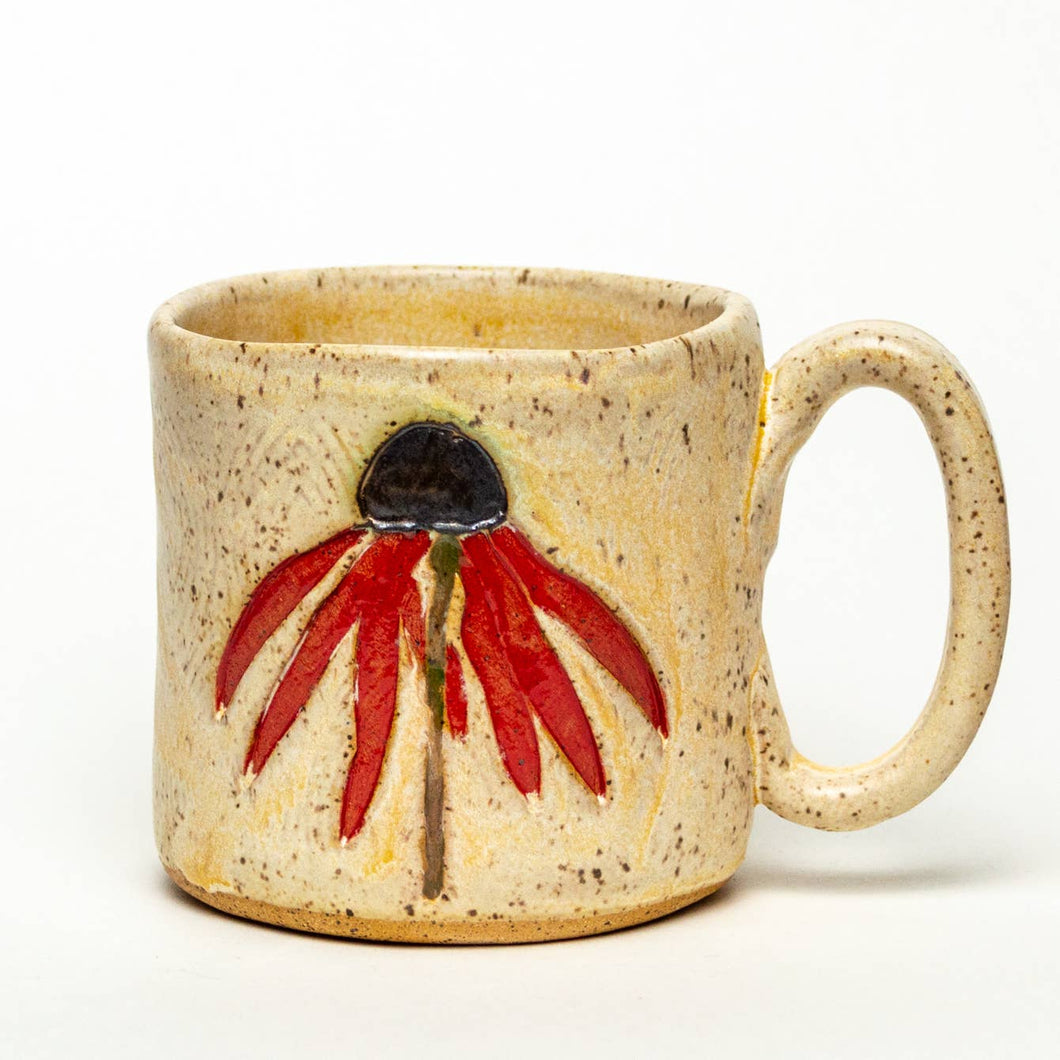 Red Cone Flower Design Handmade in Ohio Ceramic Mug 10 oz
