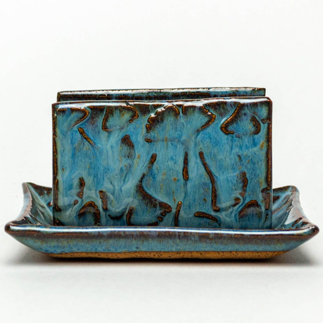 Ginkgo Patterned Handmade Blue Ceramic Sponge Holder