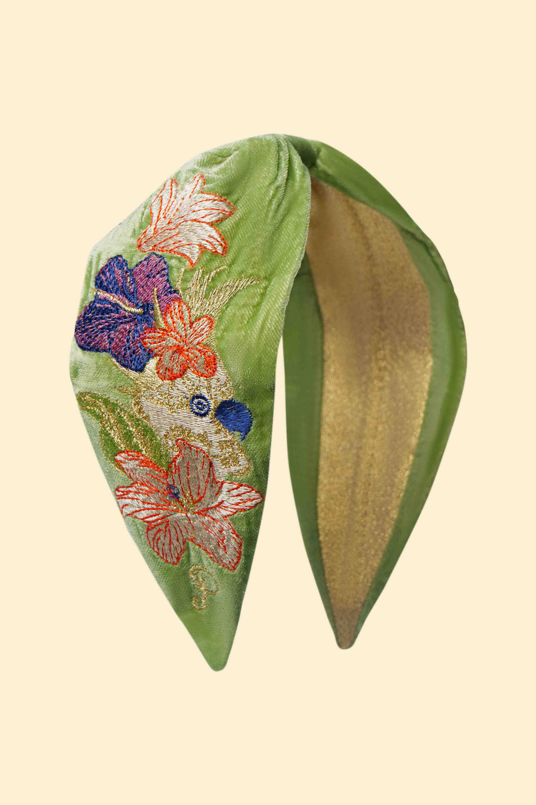 Velvet Embroidered Headband - Cockatoo in Sage