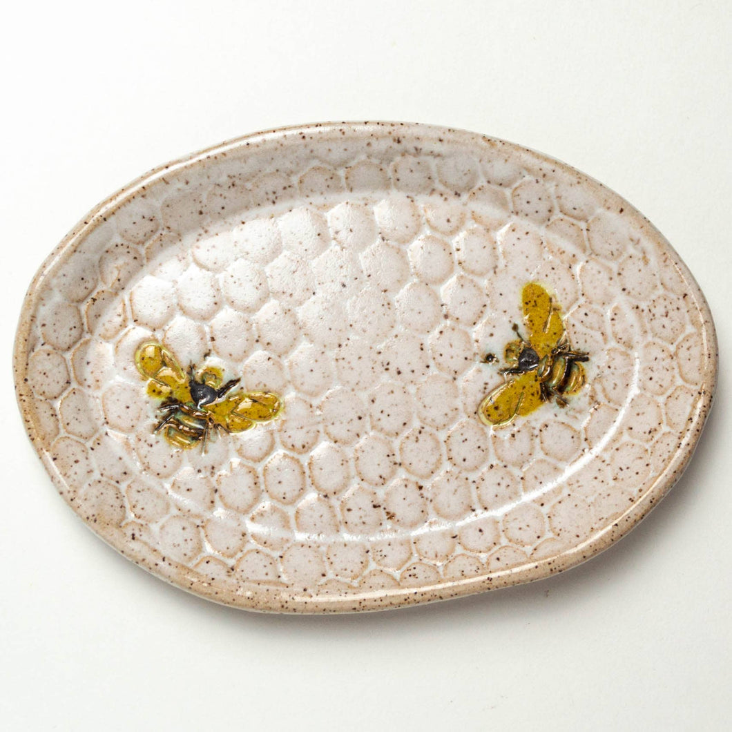 Bee Pattern Handmade Ceramic White Oval Trinket Dish