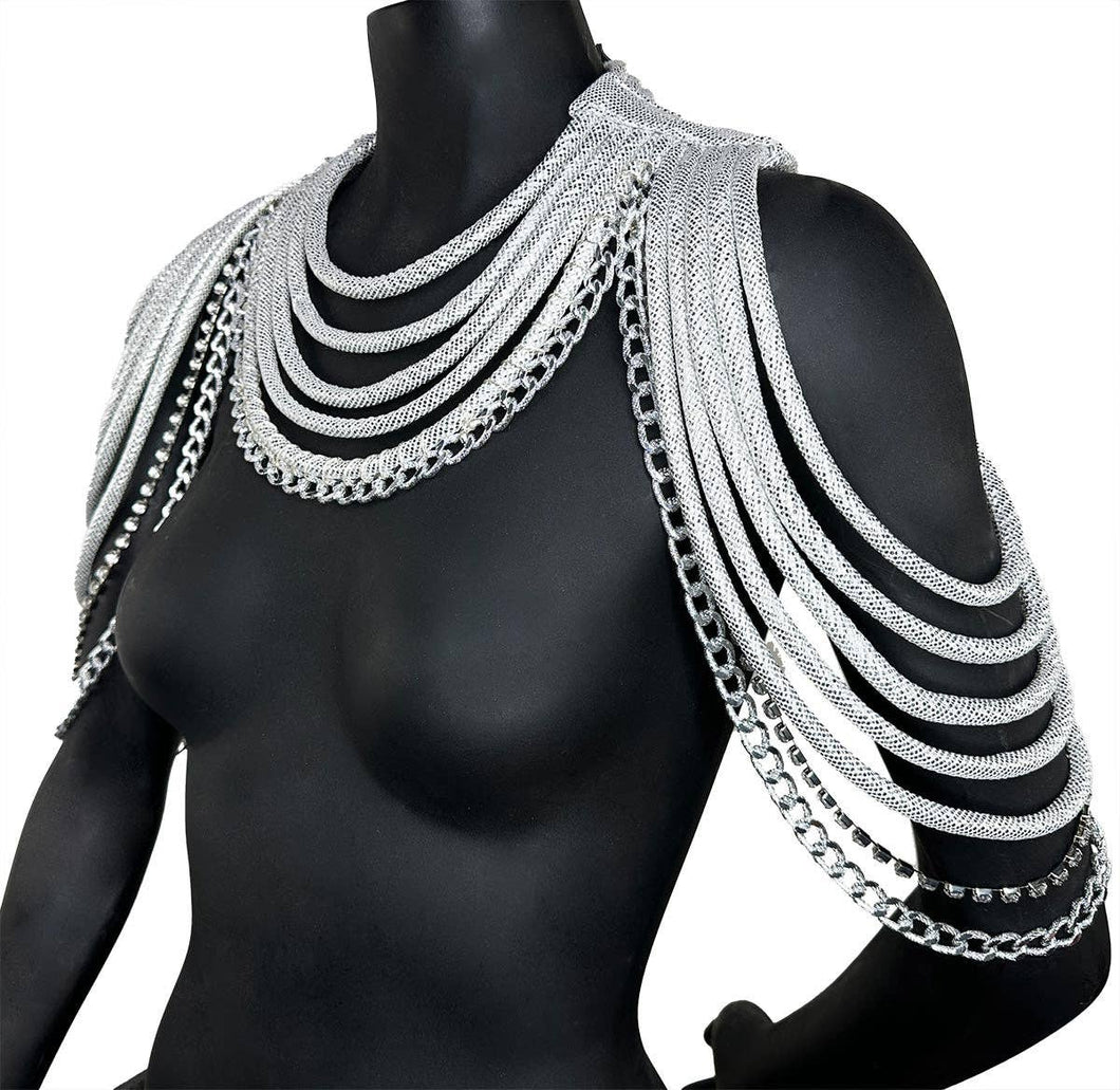 Silver Chain and Rhinestone Large Statement Necklace | Silver metallic fabric | Chrome Statement Necklace | Cloth&Cord