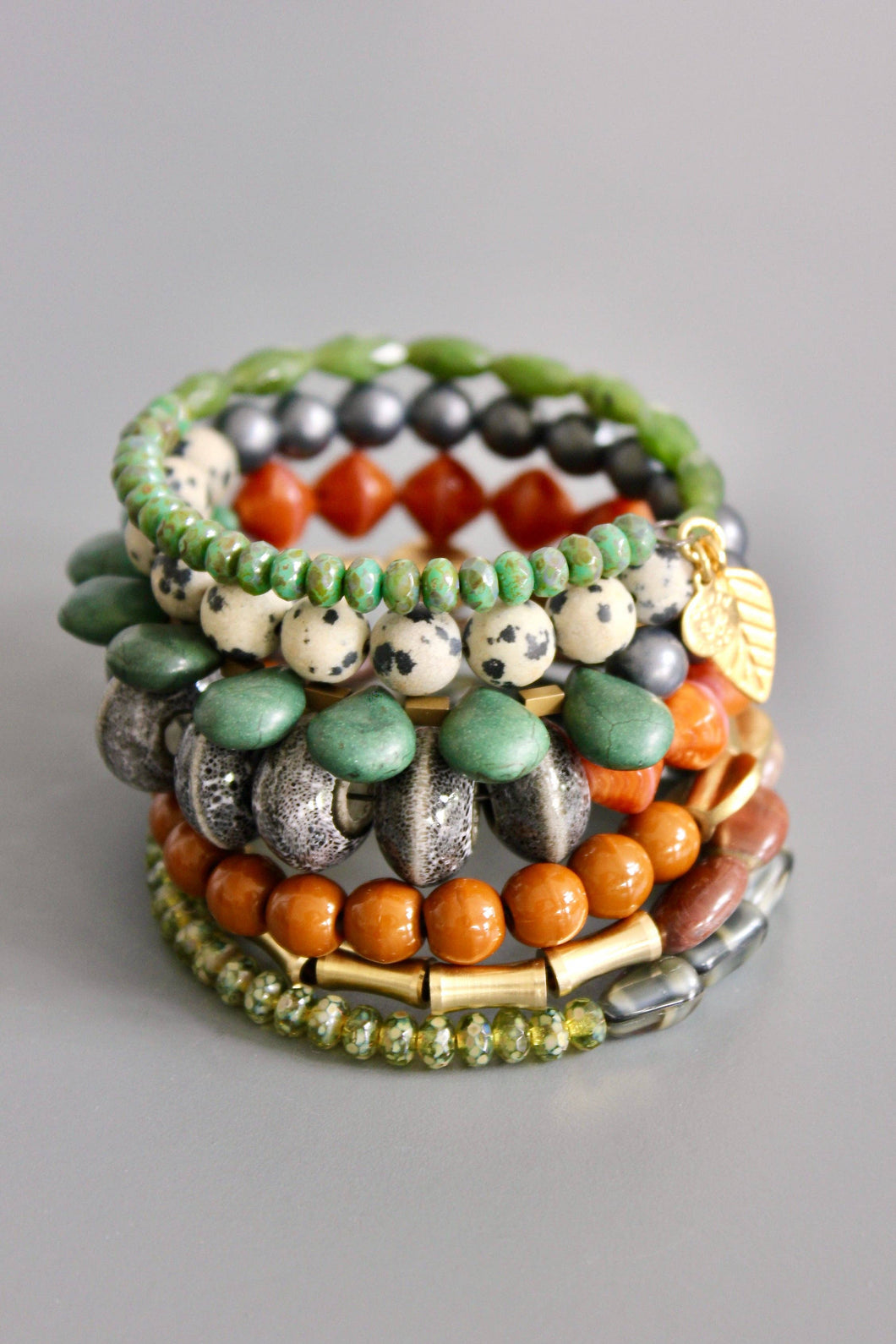 FERB03 Green, caramel, jasper, and gray wrap bracelet